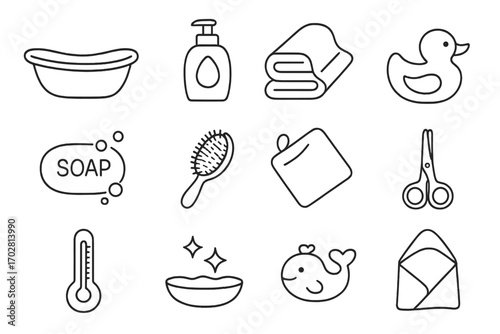 Baby Hygiene Icons. Line style icons of baby hygiene: baby bathtub, shampoo bottle, soft towel, rubber duck; baby soap, hairbrush,