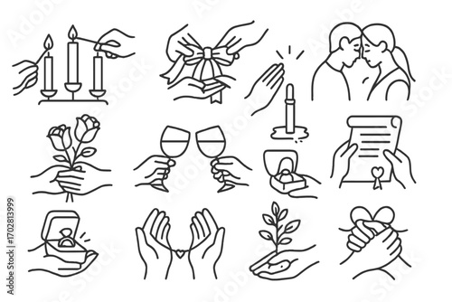 Symbolic Gesture Icons. Line style icons of symbolic gestures: lighting unity candle, tying ribbon, hand blessing, breaking glass;