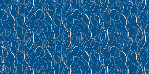 Abstract line seamless pattern. Blue and beige vector background with intertwined curvy lines, threads, ropes, fluid shapes. Trendy organic texture. Repeating design for decor, cover, textile, print