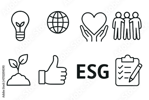 Outline vector icons of ESG: sustainability, planet, community, checklist  