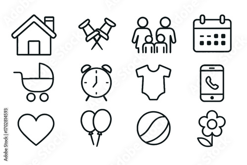 Outline vector icons of family life: home, baby stroller, calendar, phone  