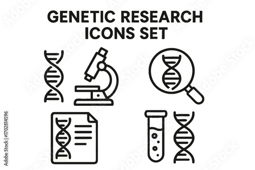 Outline vector icons of genetic research: DNA, microscope, test tube, analysis — set of modern line style icons, transparent background.  