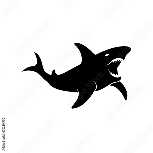Powerful shark silhouette with sharp teeth, an ocean predator swimming with jaws open, conveying danger and marine wildlife, scalable vector graphic origin