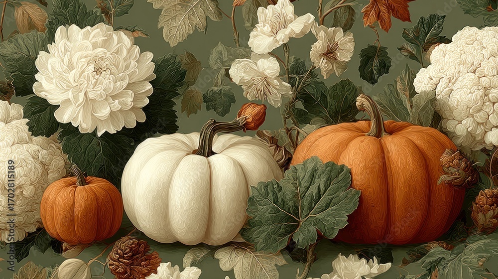 Seamless pattern with autumn leaves and pumpkins on a transparent background, seasonal vector design