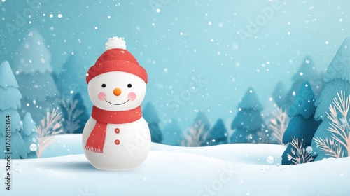 A cheerful snowman wearing a red hat and scarf stands in a snowy setting. Snowflakes fall gently around him, enhancing the winter atmosphere filled with evergreen trees.