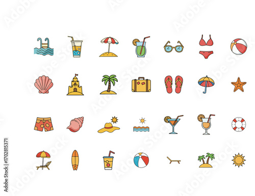 Collection of Summer Vacation and Beach Icons A Vibrant Assortment of Recreational and Travel-Related Symbols