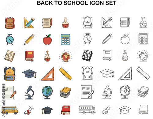 Back to School Icon Set featuring Stationery, Backpacks, and Educational Supplies for Learning and Study