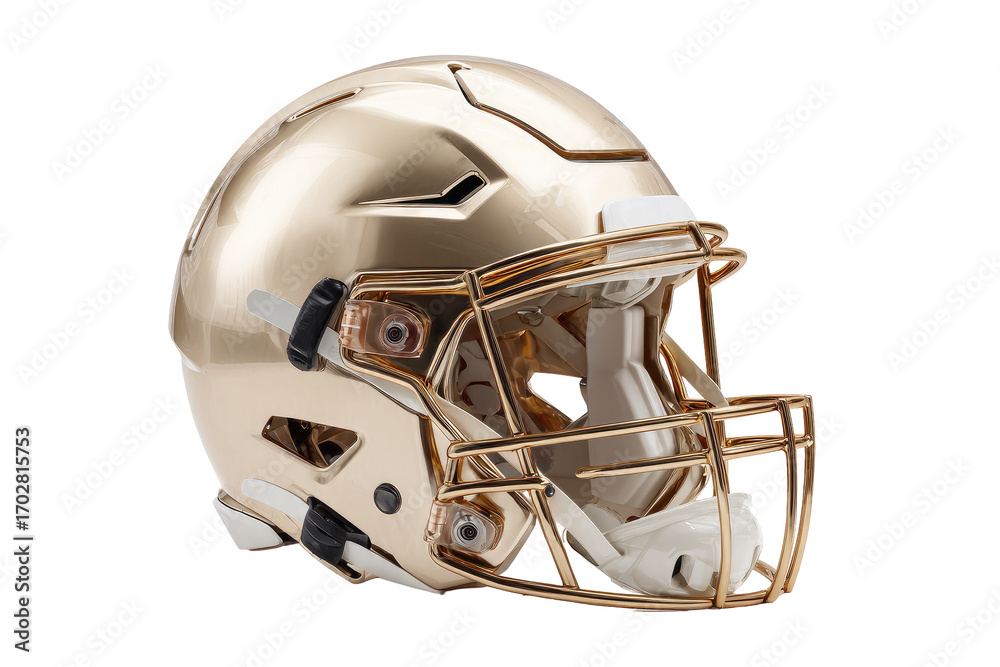 Fototapeta premium Gold football helmet, profile view. Glossy finish, protective facemask