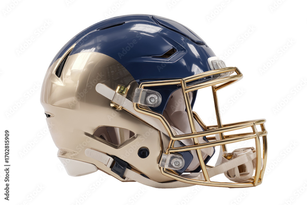 Naklejka premium Close-up of a football helmet. Dark navy blue shell, gold facemask and accents. Profile view