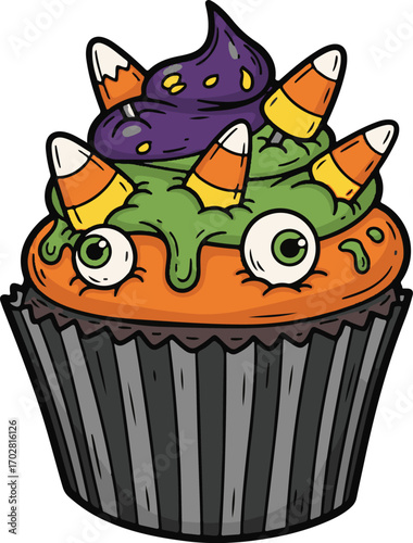 Spooky Halloween cupcake with candy corn, icing, and candy eyes, perfect for festive decorations and treats