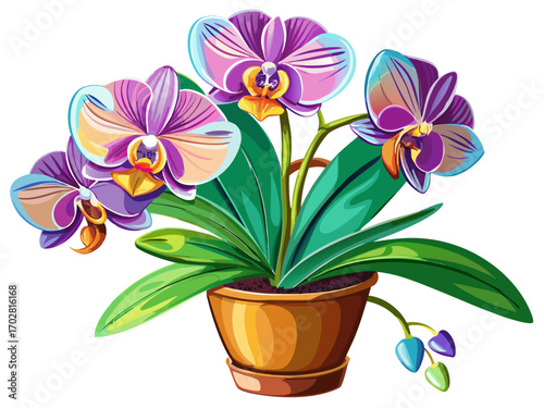 A high-quality vector illustration of a blooming orchid flower in a decorative pot, isolated on a white background