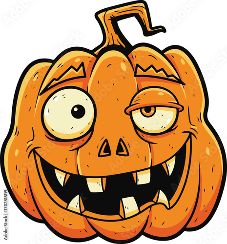 A cartoon pumpkin with a goofy grin and a slightly crooked face, perfect for Halloween designs and spooky themes