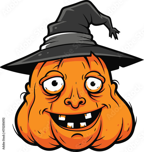 Creepy Halloween pumpkin wearing a witch hat, cartoon illustration with a goofy smile and missing teeth