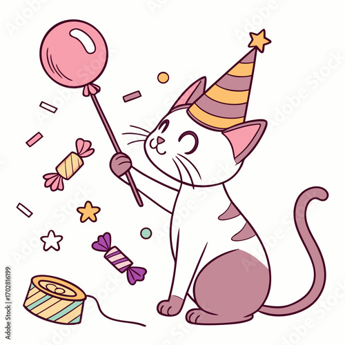 A Mischievous Oriental Shorthair with with a magic wand in a Birthday theme – Candy Shop palette SVG illustration