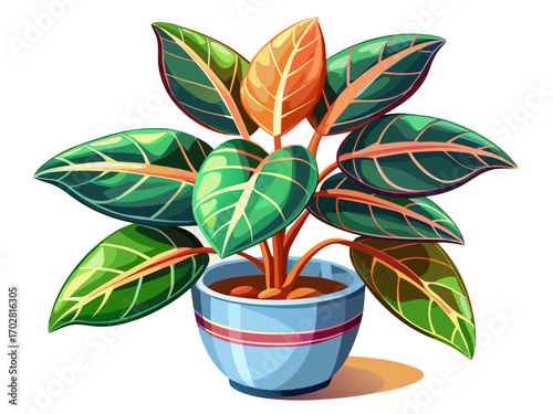 A high-quality vector illustration of a rubber plant in a ceramic pot, isolated on a white background