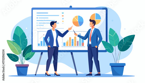 Flat vector illustration of corporate meeting with data charts on board, perfect for business, corporate, and marketing design projects