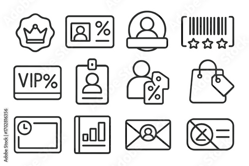 Member Exclusive Icons. Line style icons of member-exclusive sales: crown badge tag, loyalty card with discount, member-only icon,