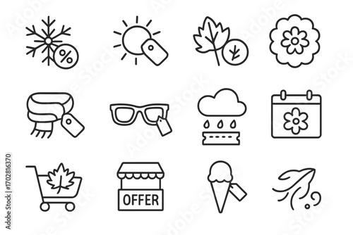 Seasonal Sale Icons. Line style icons of seasonal sales: snowflake with percent, sun and sale tag, autumn leaf discount, spring