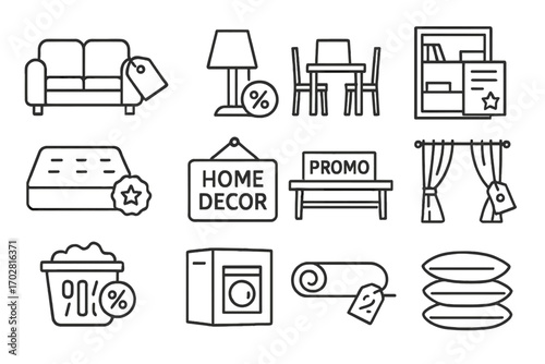 Home Goods Sale Icons. Line style icons of home goods sales: sofa with tag, lamp with discount icon, dining set and label, shelf