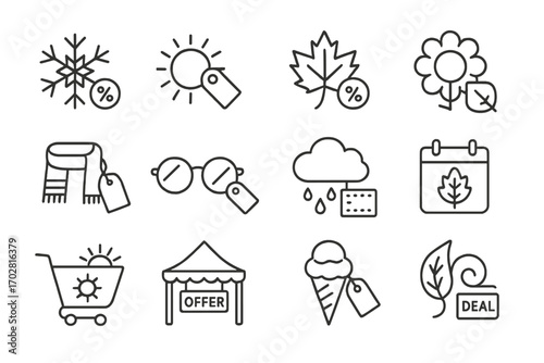 Seasonal Sale Icons. Line style icons of seasonal sales: snowflake with percent, sun and sale tag, autumn leaf discount, spring