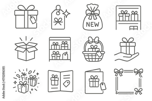 Gift Icons Collection. Line style icons of new gift arrivals: wrapped box with label, ribbon and sparkle tag, bow-tied bag with