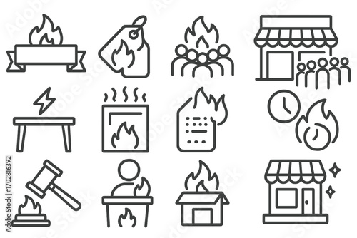 Hot Sale Line Icons. Line style icons of hot sales events: banner with fire design, doorbuster tag, crowd with flame icon, line