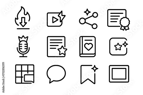 Digital Content Icons. Line style icons of popular digital content: download symbol with flame, trending video tag, share icon