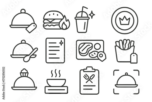 New Food Icons. Line style icons of latest food items: tray with “new” tag, burger with flame label, smoothie cup with glow badge,