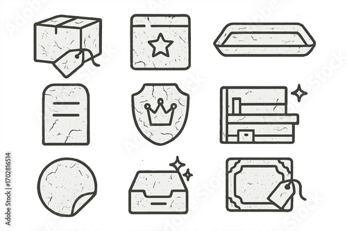 Vintage Product Icons. Line style icons of old products: dusty box with tag, worn package with star label, vintage tray icon,
