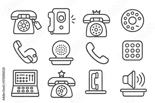 Vintage Phone Icons. Line style icons of old phones: rotary phone with tag, wall-mounted phone with spark, desk phone with crown,