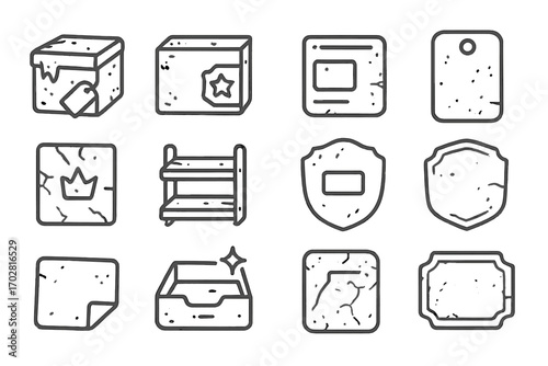 Vintage Product Icons. Line style icons of old products: dusty box with tag, worn package with star label, vintage tray icon,