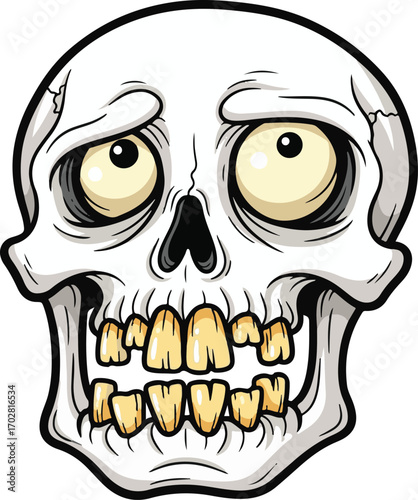 A spooky and slightly silly cartoon skull with wide, surprised eyes and a goofy grin, perfect for Halloween or any ghoulish design
