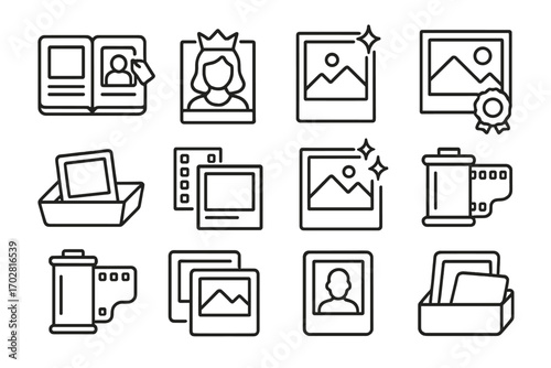 Vintage Photo Icons. Line style icons of old photographs: photo album with tag, black-and-white portrait with crown, polaroid icon