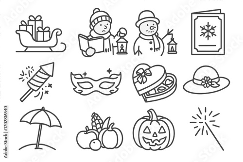 Vintage Holiday Icons. Line style icons of vintage holidays: sleigh with gifts, lantern-lit caroling, classic snowman, festive