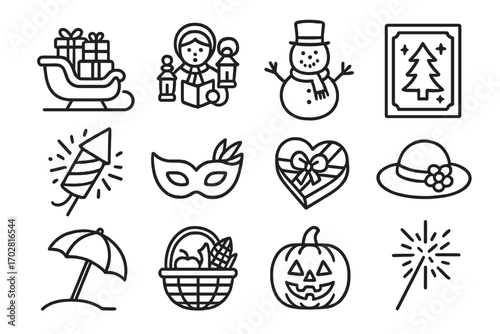 Vintage Holiday Icons. Line style icons of vintage holidays: sleigh with gifts, lantern-lit caroling, classic snowman, festive