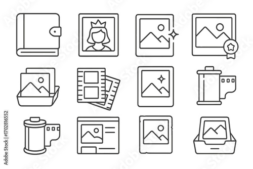Vintage Photo Icons. Line style icons of old photographs: photo album with tag, black-and-white portrait with crown, polaroid icon
