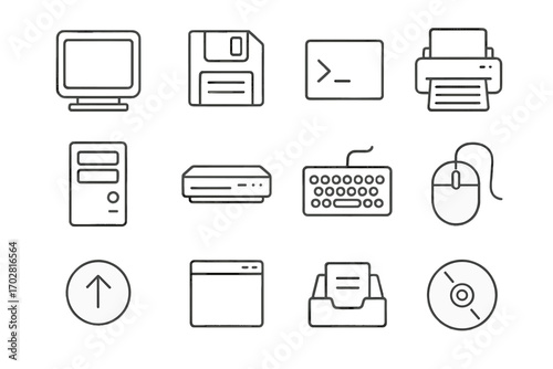 Retro Computing Icons. Line style icons of retro computing: desktop CRT monitor, floppy disk drive, command prompt screen, dot