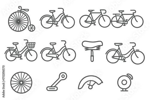 Vintage Bicycle Icons. Line style icons of vintage bicycles: penny-farthing, cruiser bike, racing frame, tandem cycle; wicker