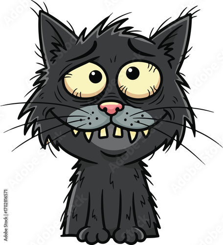 Humorous Illustration of a Sleepy, Goofy Black Cat with Wide, Staring Eyes and a Grinning Mouth Showing Crooked Teeth