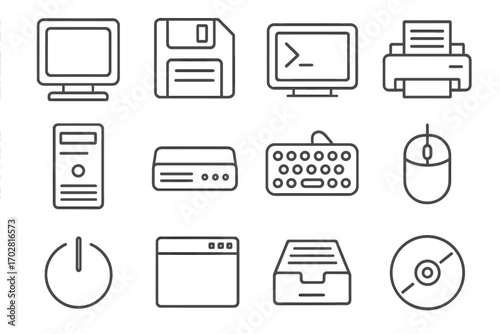 Retro Computing Icons. Line style icons of retro computing: desktop CRT monitor, floppy disk drive, command prompt screen, dot