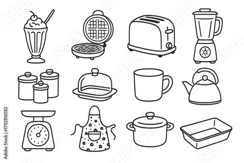 Retro Kitchen Icons. Line style icons of retro kitchen: milkshake glass, waffle maker, chrome toaster, rotary dial blender; tin