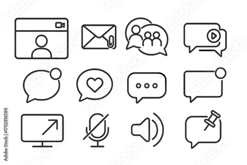 Modern Communication Icons. Line style icons of modern communication: video chat window, direct message icon, group chat, voice