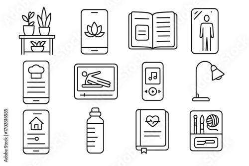 Modern Lifestyle Icons. Line style icons of modern lifestyle: plant shelf, meditation app, digital journal, smart mirror; recipe