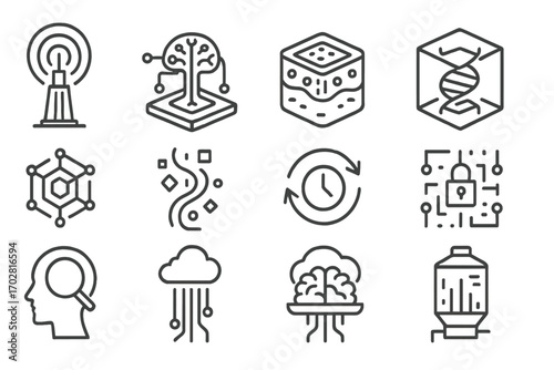 Futuristic Data Icons. Line style icons of futuristic data: data beam tower, neural storage node, liquid chip, DNA-coded data cube
