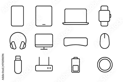 Minimal Device Icons. Line style icons of minimal devices: phone outline, tablet frame, laptop with screen line, smartwatch circle