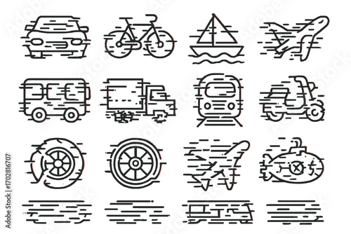 Glitched Transportation Icons. Line style icons of glitch transportation: glitched car, bugged bike, flickering boat, corrupted