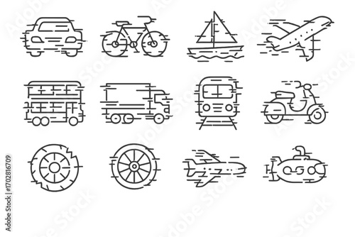 Glitched Transportation Icons. Line style icons of glitch transportation: glitched car, bugged bike, flickering boat, corrupted
