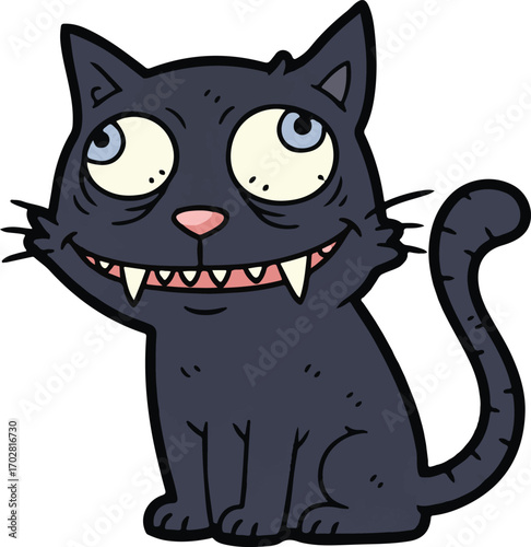 A cartoon illustration of a black cat with big eyes and a wide grin, appearing to wave a paw