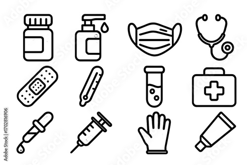 Glossy Health Icons. Line style icons of glossy health items: glossy pill bottle, glossy sanitizer, glossy mask, glossy