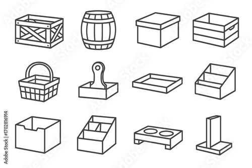 Wooden Container Icons. Line style icons of wooden containers: wooden crate, wooden barrel, wooden box, wooden bin; wooden basket,